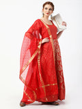 Cheera Women's Red Chanderi Silk & Rayon Hand Block Print Long Dress With Silk Dupatta Set