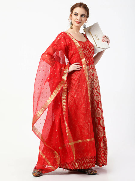 Cheera Women's Red Chanderi Silk & Rayon Hand Block Print Long Dress With Silk Dupatta Set
