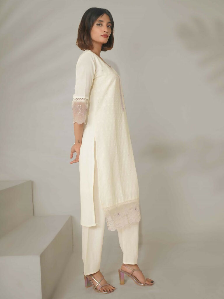 Miravan Women's Organza Cotton Chikankari Embroidered With Purple Sequence work Suit Set