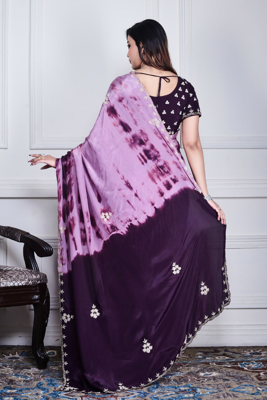 Morchari Wine Crepe Hand Embroidery Saree And Stitched Blouse - Distacart