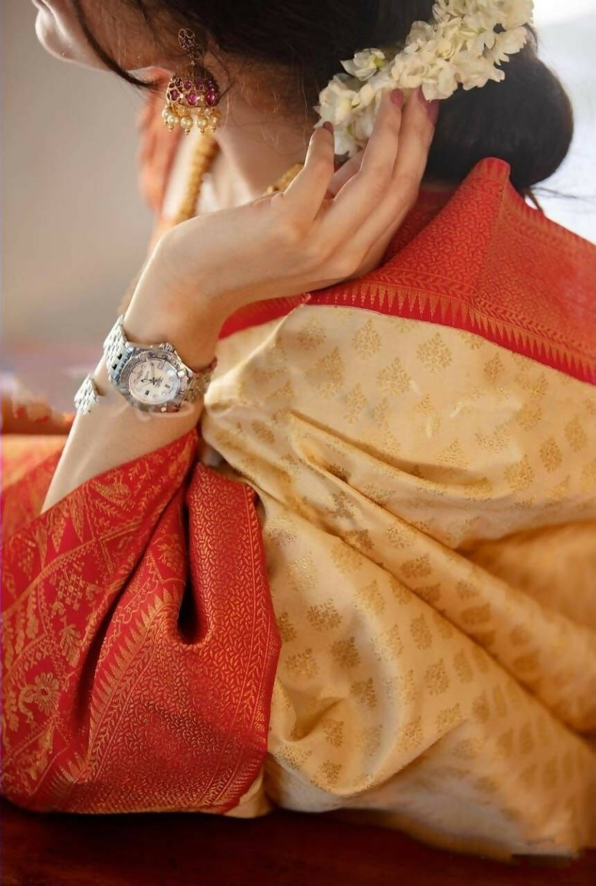 DEIANA'S Beautiful Designer Golden zari Soft Lichi Silk Saree - White