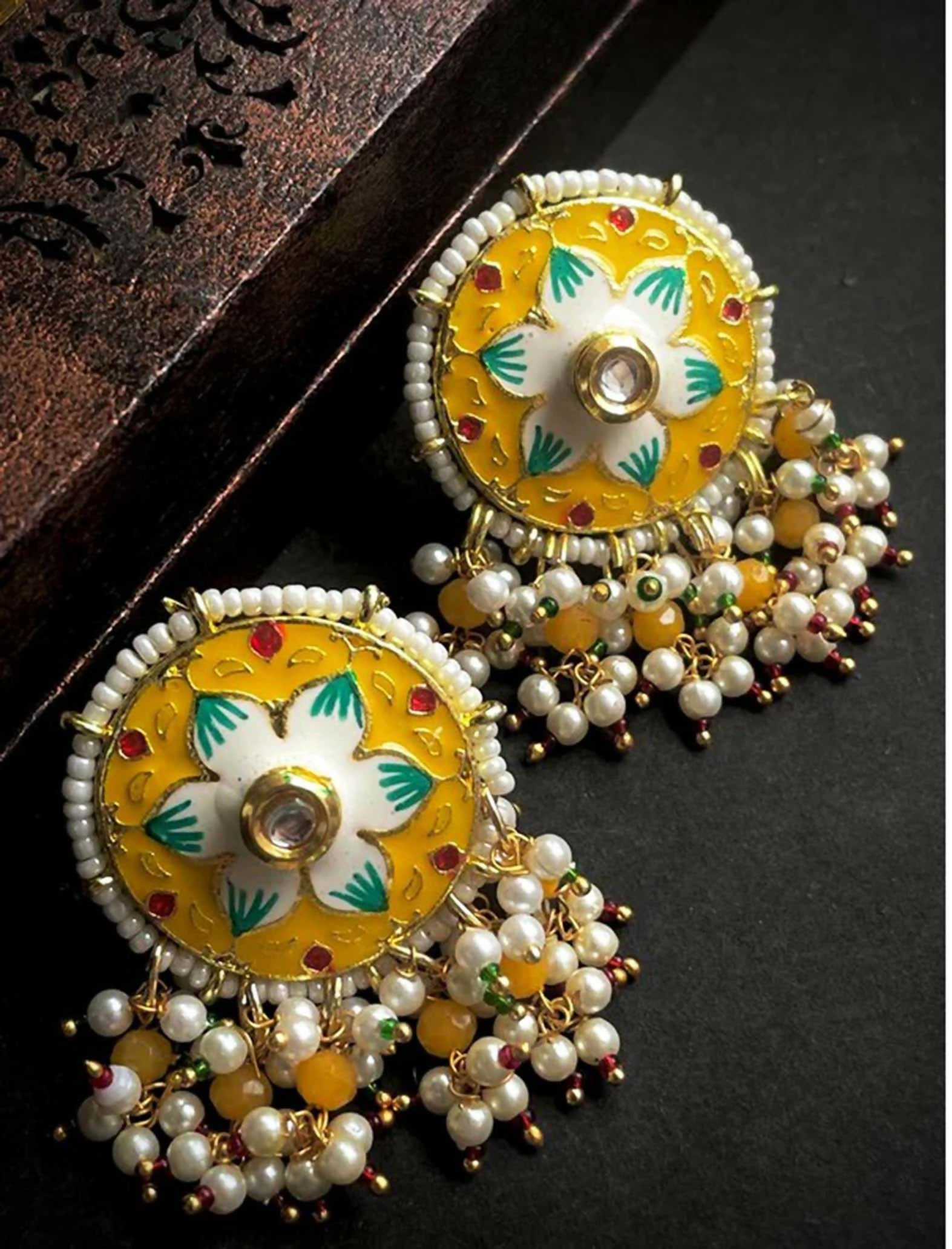 Joban Fashion Women Yellow Meenakari Flower Print Ethnic Trendy Stud Earring - Distacart