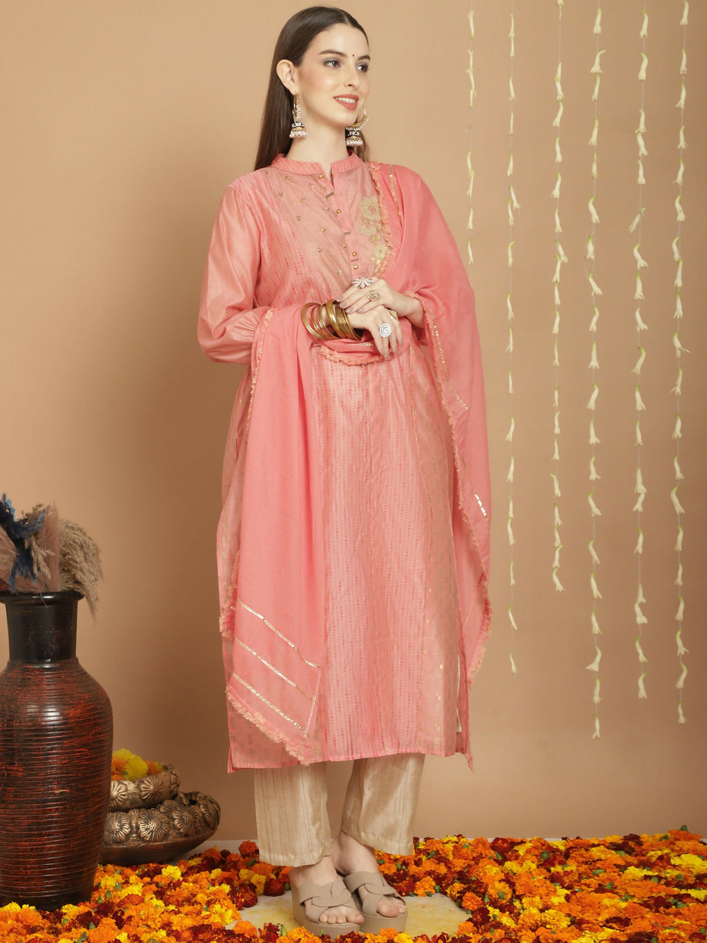Jyoti Fashion Women's Peach Chanderi Silk Elegant Jardoshi Semi Kurta with Trouser & Dupatta