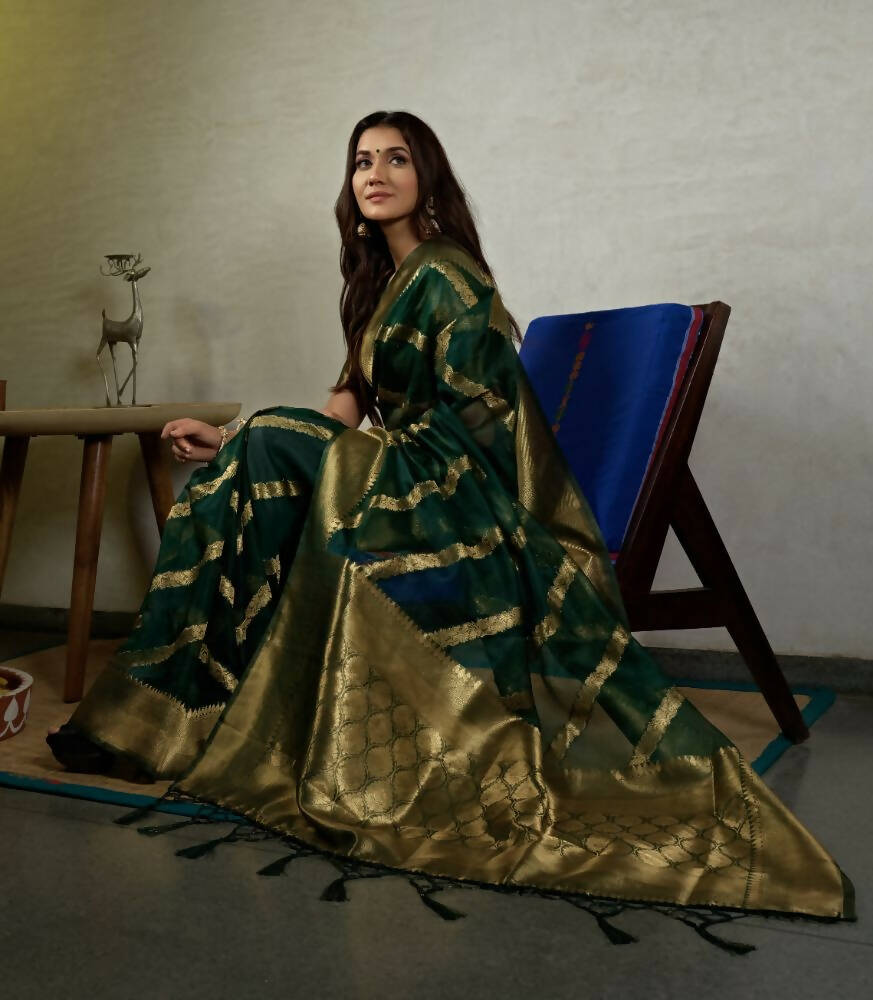 Glamorous Designer Stone Green Color Organza Silk Saree With Weaving Work - Yomika Fashions