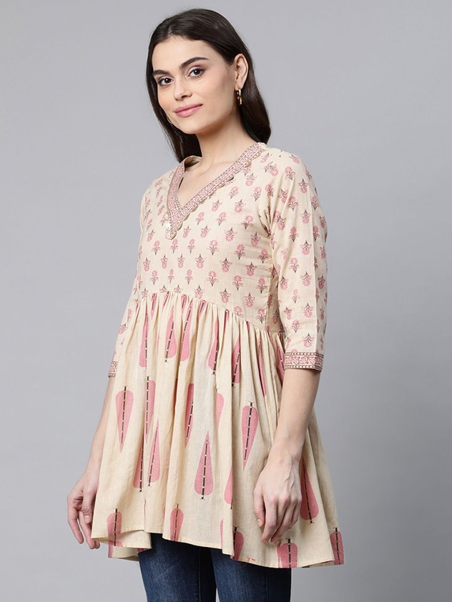 Ahalyaa Women Beige Pure Cotton Printed Tunic - Distacart