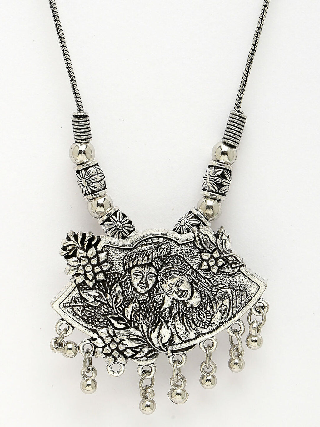 NVR Women's Silver-Toned Radha Krishna Pendant with Chain