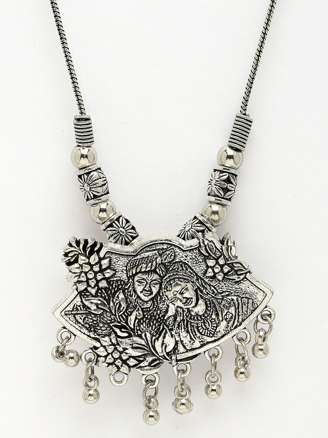 NVR Women's Silver-Toned Radha Krishna Pendant with Chain