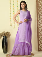 Myshka Women's Purple Georgette Kurta & Skirt With Dupatta Party Sets