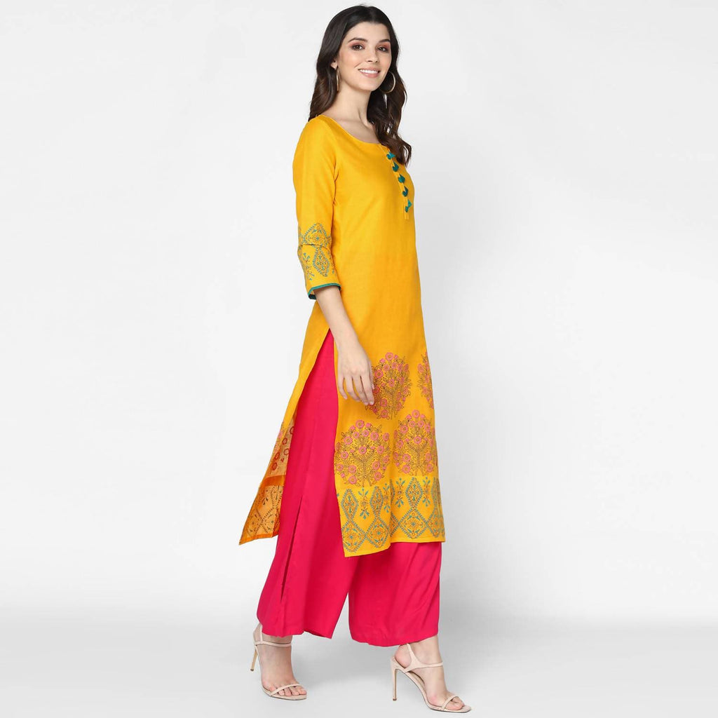 Cheera Hand Block Print Mustard & Magenta Straight Kurta With Palazzo (MAAI-078K)