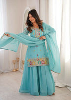 Teeya Creation Sky Blue Color Soft Crunchy Silk Party Wear Designer Sharara set - Distacart