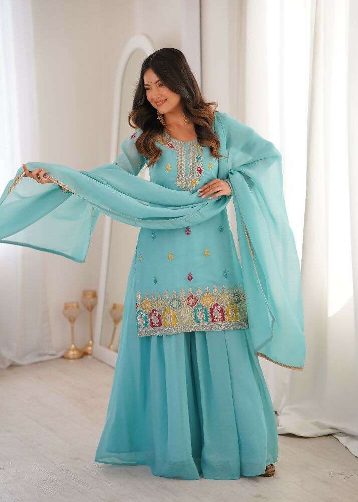 Teeya Creation Sky Blue Color Soft Crunchy Silk Party Wear Designer Sharara set - Distacart