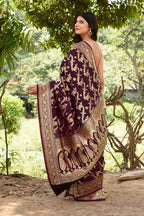 Joban Fashion Wine Banarasi Soft Pure Handloom Banarasi Silk Saree