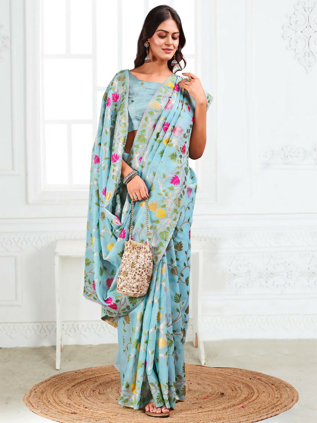 Shree Shyam Fashion Linen Cotton Sky Blue Saree - Distacart