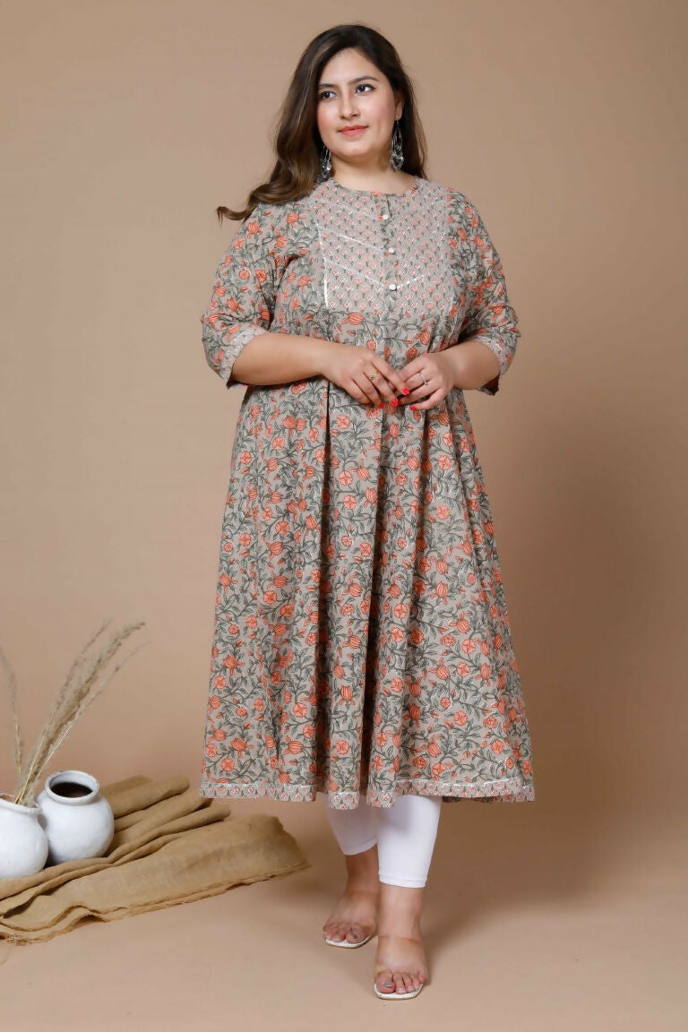 Miravan Women's Plus Size Camel Brown Gotta Patti Pure Cotton Anarkali Kurta