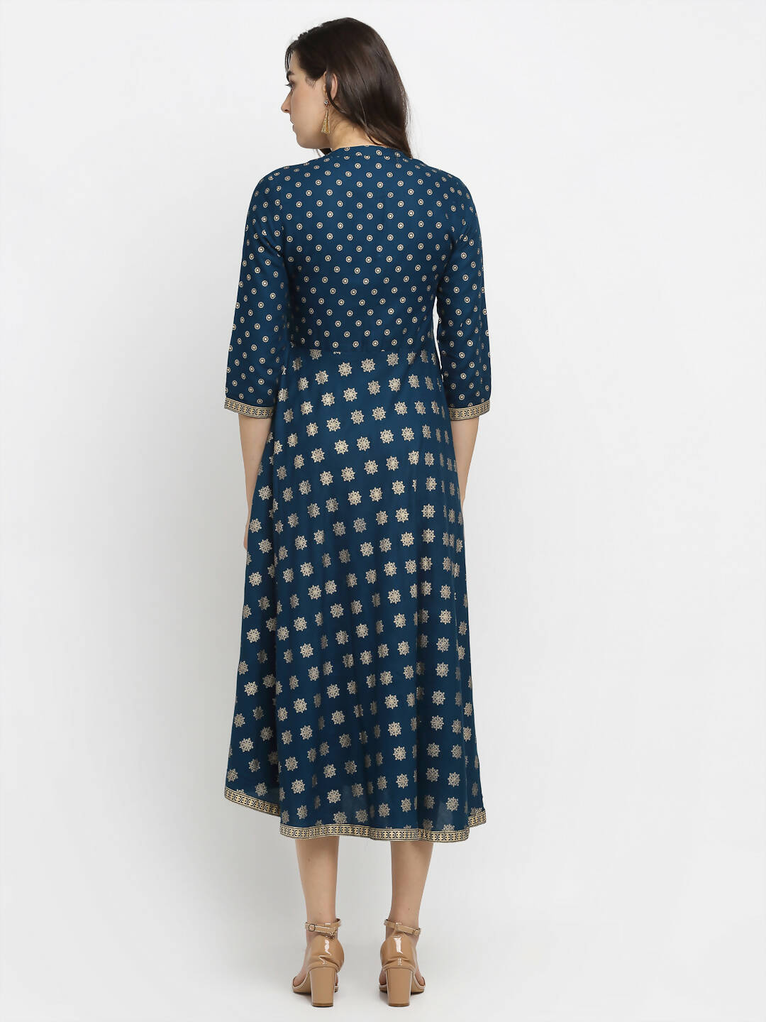 Rudra Bazaar A-Line Gold Floral Printed Turquoise Blue Kurti - Distacart