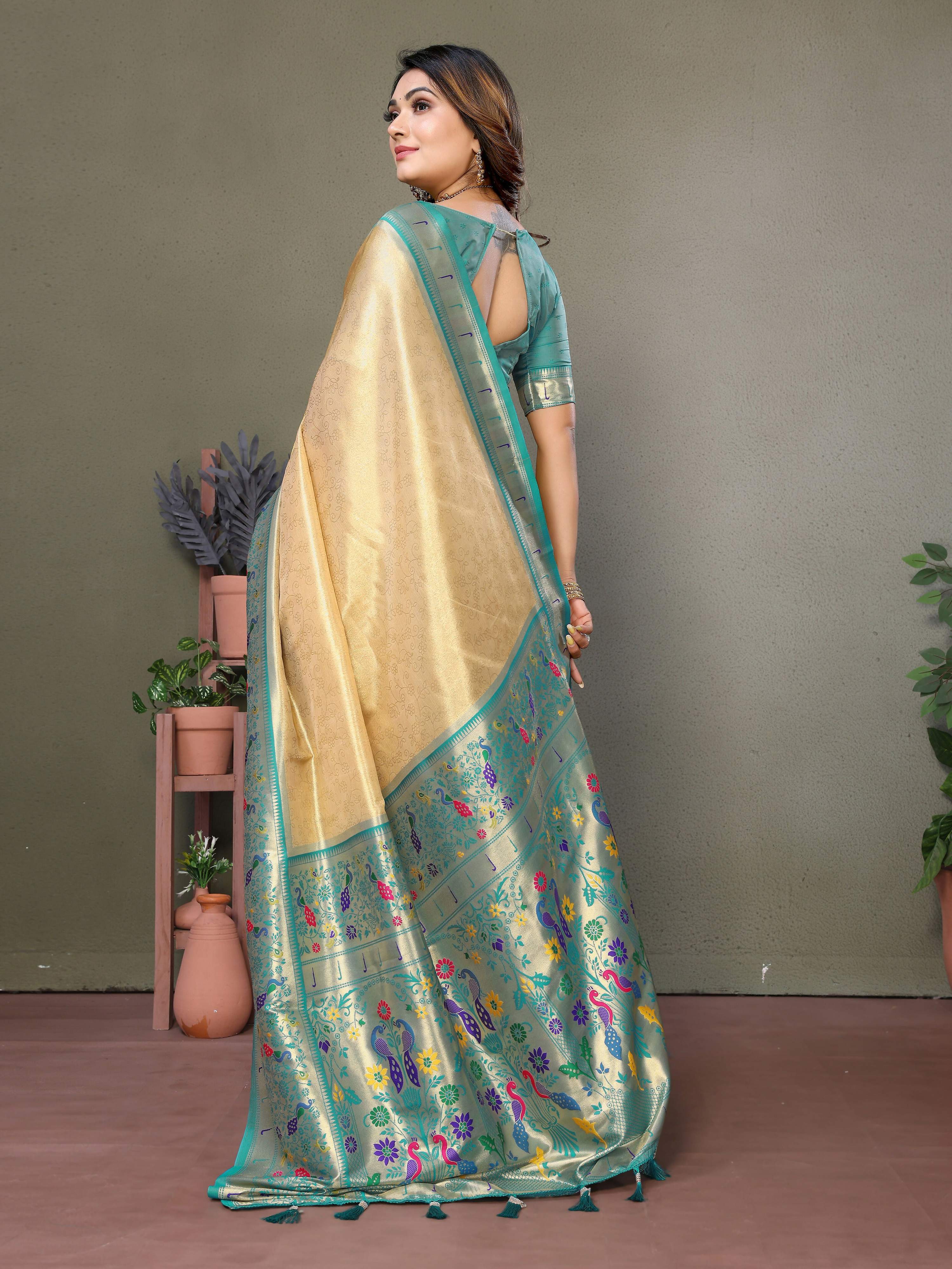 Aastha Fashion Cream Tissue Silk Paithani Woven Saree - Distacart