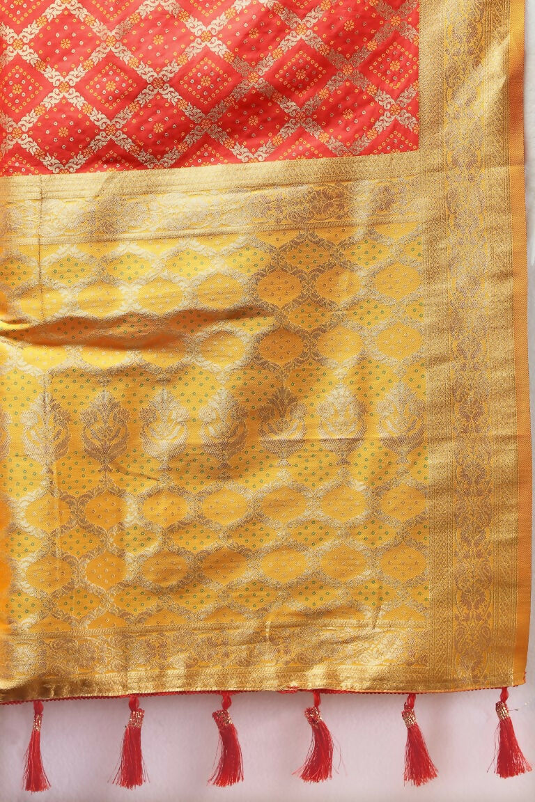 Vastranavya Red Soft Patola Silk With Meenakari Weaving Motifs And Rich Zari Weaving Pallu Saree With Matching Blouse Fabric
