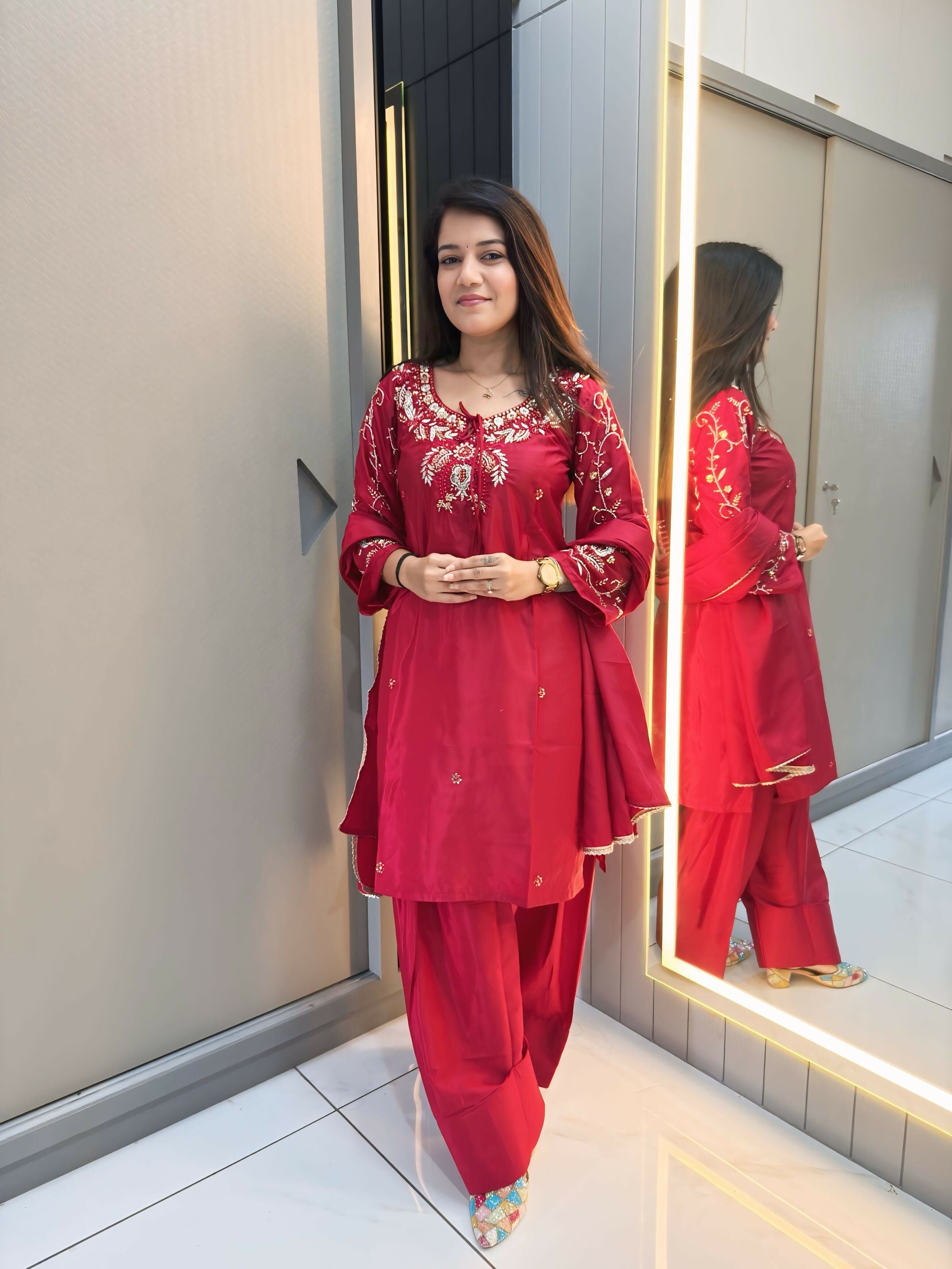 Anaita Red Crape Readymade Kurti Set with Beads Sequence Work - Distacart