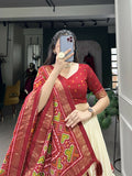 Lorenvalley Offwhite and Red Tussar Silk Patola Print Lehenga Choli