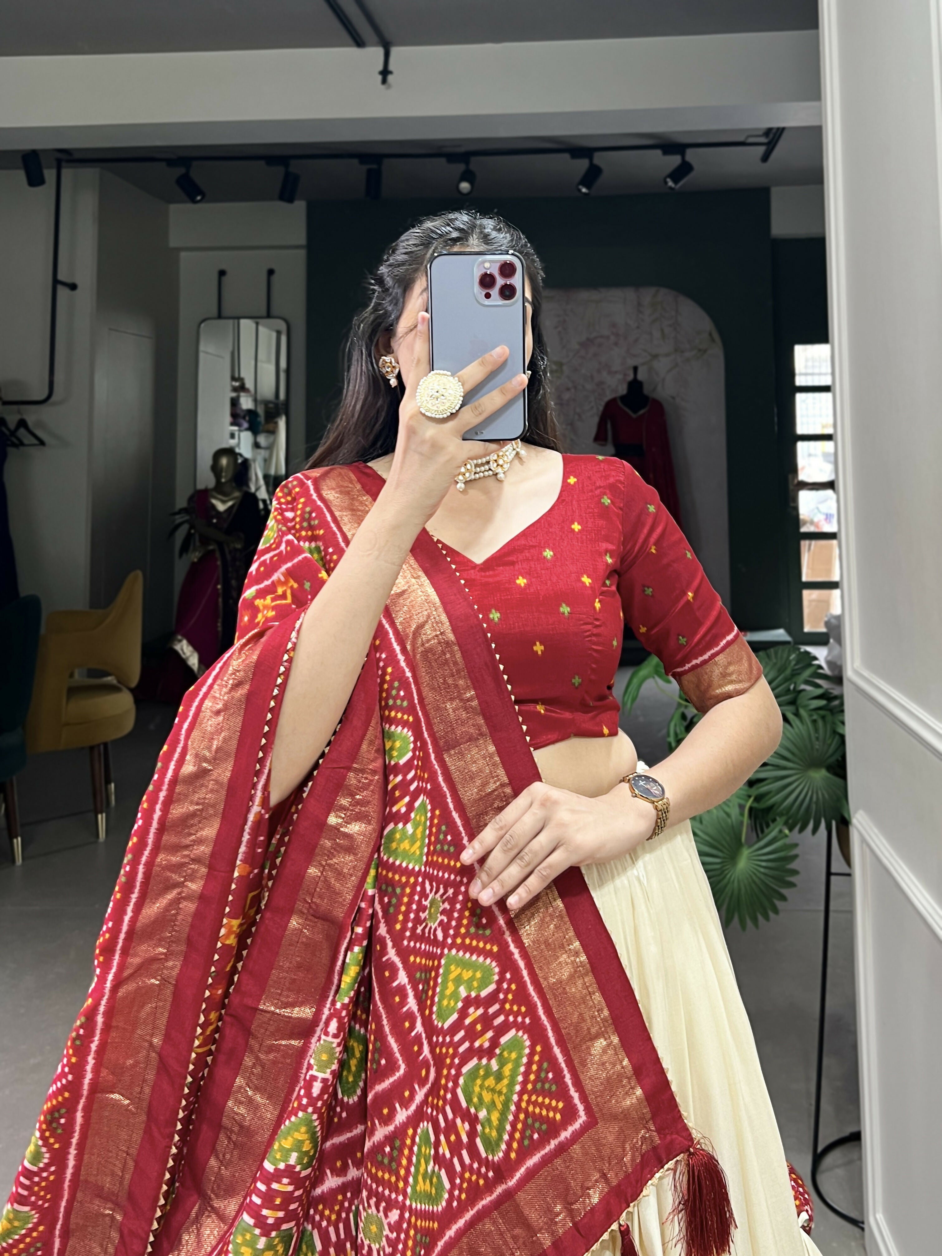 Lorenvalley Offwhite and Red Tussar Silk Patola Print Lehenga Choli