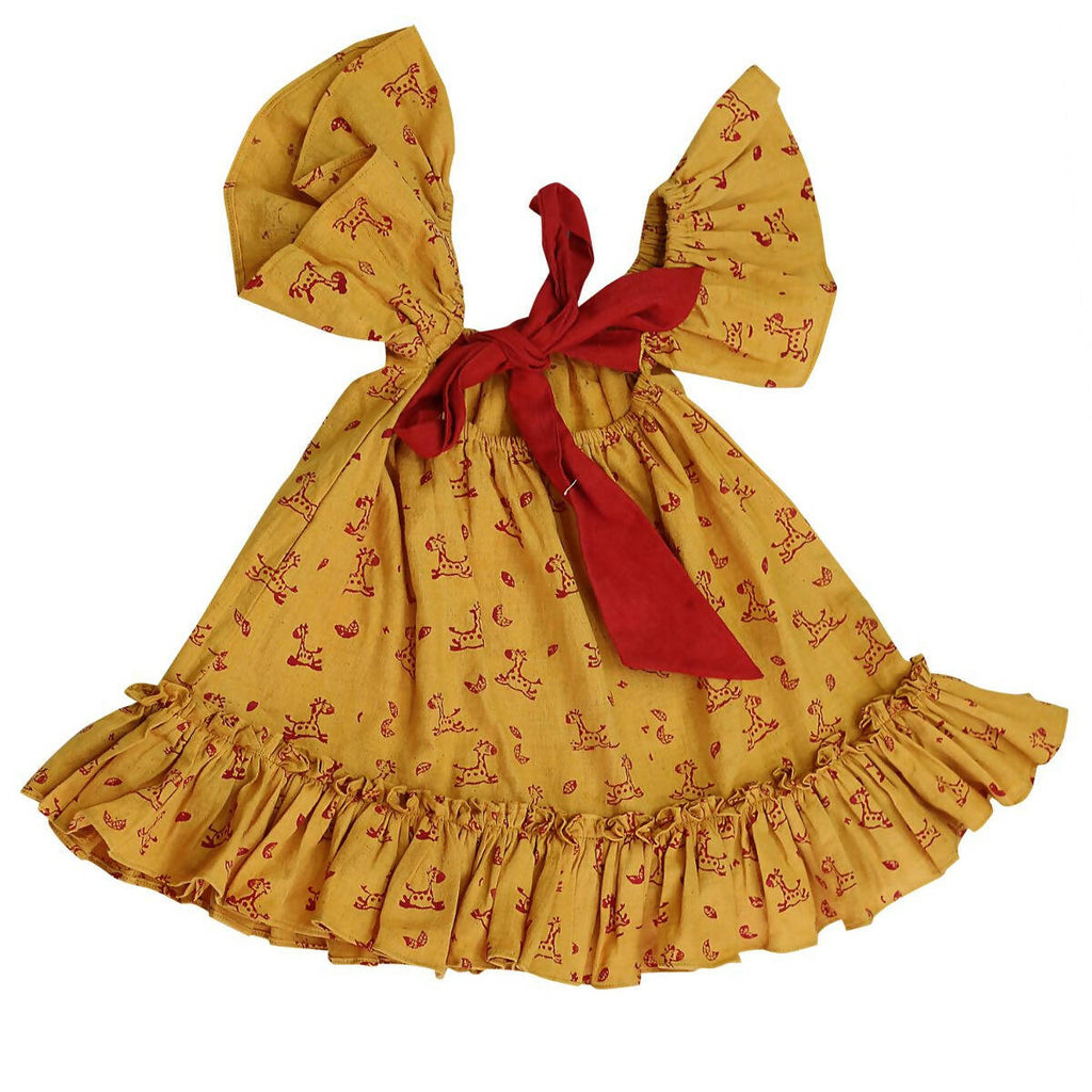Mhyssa Half Frill Sleeves Square Neck Yellow Block Printed Frock