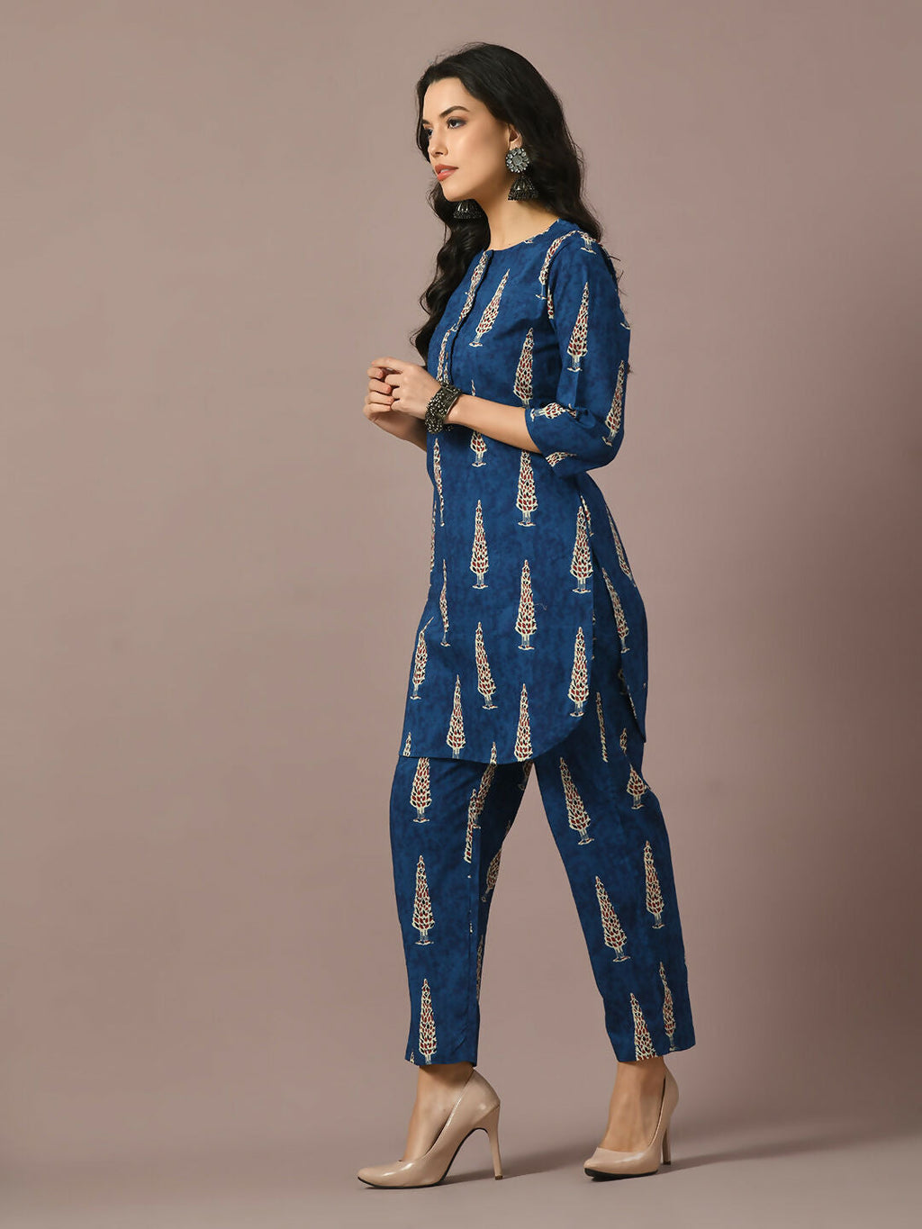 Myshka Women's Blue Printed Cotton Round Neck Party Tunic With Trousers Co-ord set