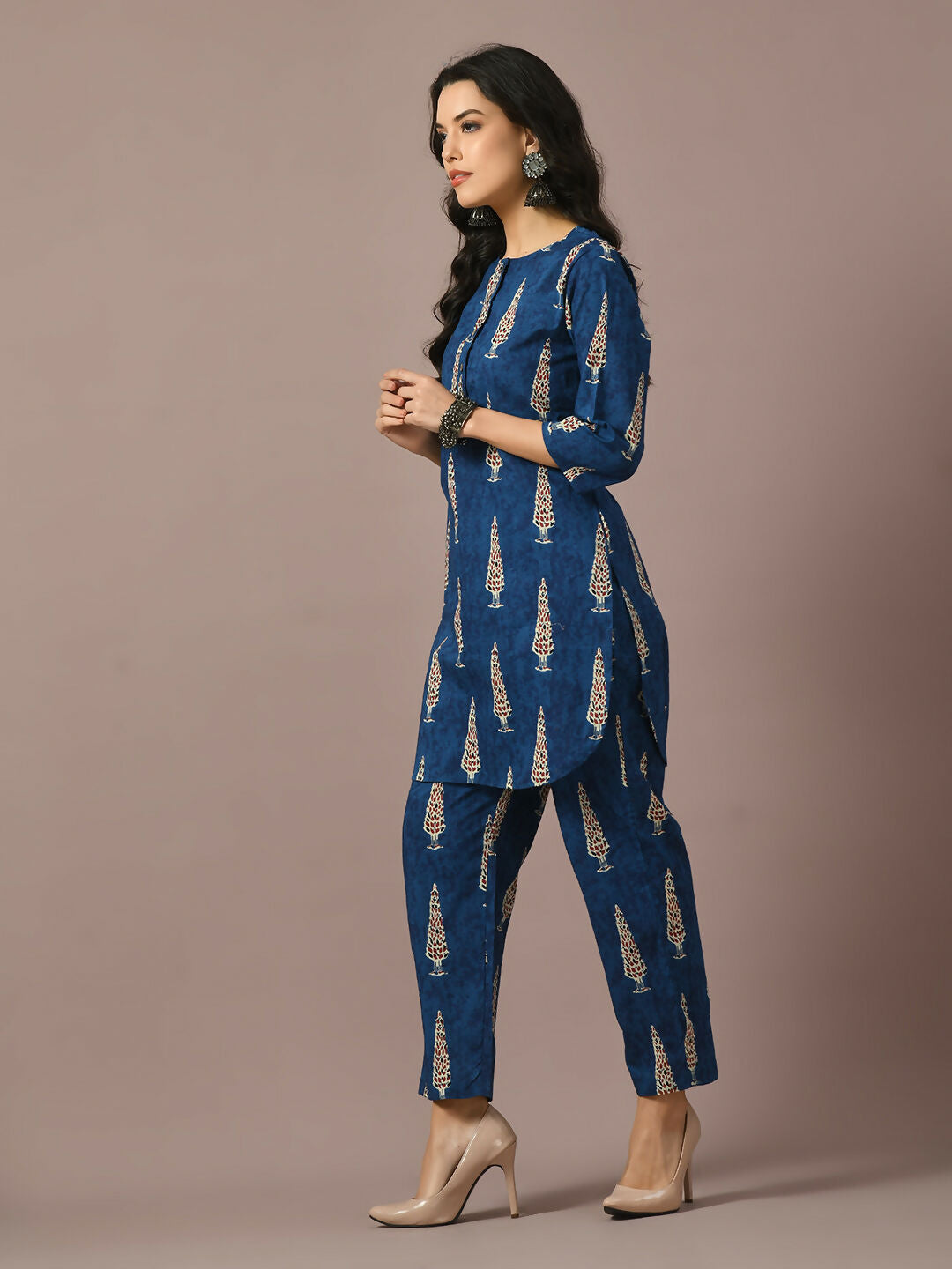 Myshka Women's Blue Printed Cotton Round Neck Party Tunic With Trousers Co-ord set