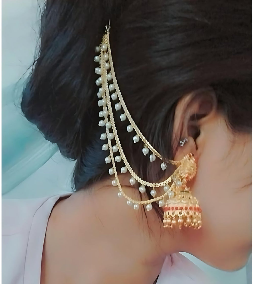 Jewel City Temple Lakshmi Design Jhumka with Pearl Ear Chain - Antique Gold South Indian Traditional Earring - Distacart