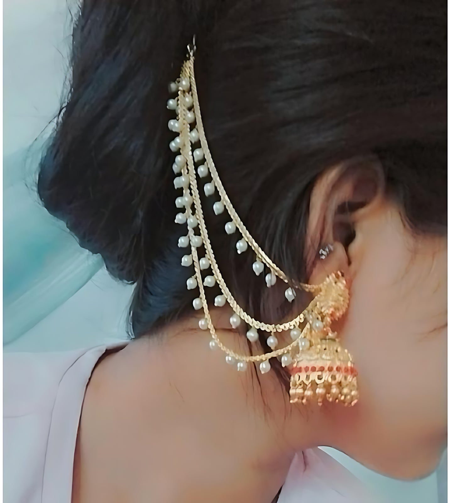 Jewel City Temple Lakshmi Design Jhumka with Pearl Ear Chain - Antique Gold South Indian Traditional Earring - Distacart
