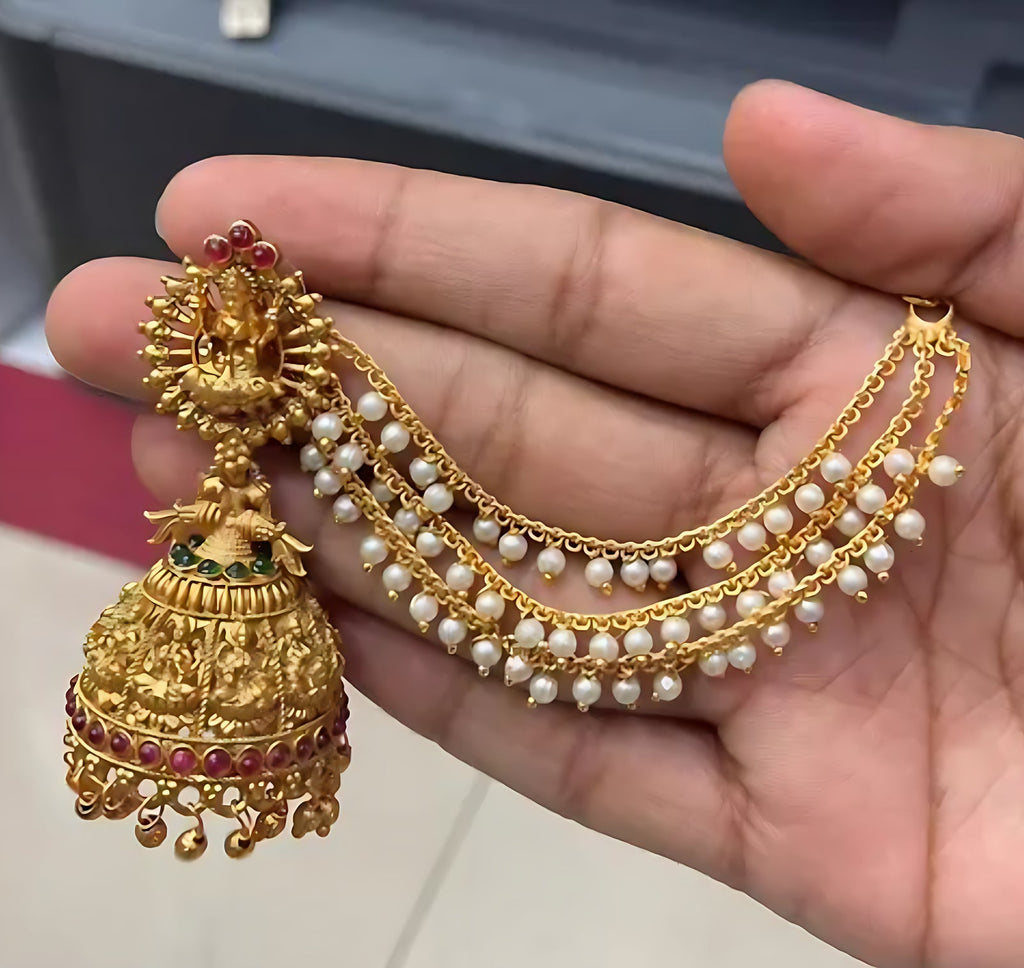 Jewel City Temple Lakshmi Design Jhumka with Pearl Ear Chain - Antique Gold South Indian Traditional Earring - Distacart