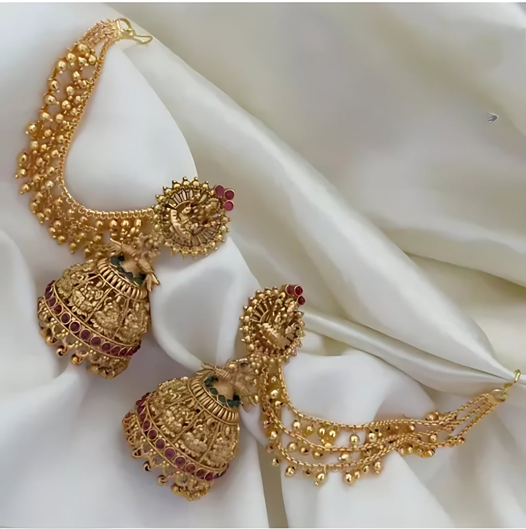 Jewel City Antique Gold Temple Jhumka Earrings - Traditional South Indian Wedding Jewelry Set with Ear Chain - Distacart