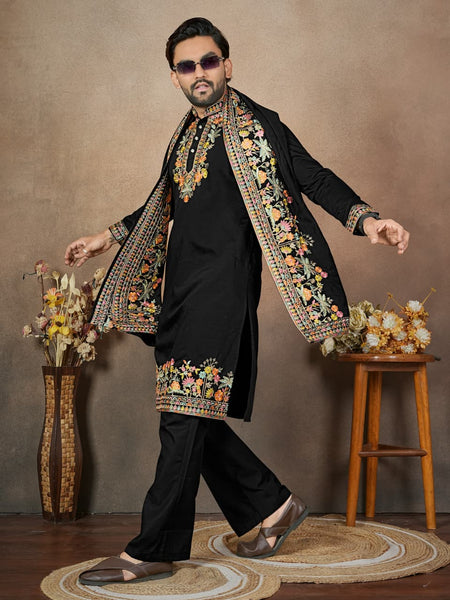 Anaita Black Embroidery & Sequence Work Silk Straight Kurta Set