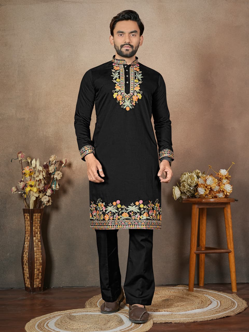 Anaita Black Embroidery & Sequence Work Silk Straight Kurta Set