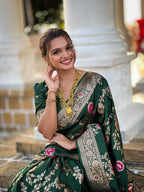 Vedant Vastram Soft Litchi Silk Banarasi Silk Jacquard Saree - Green