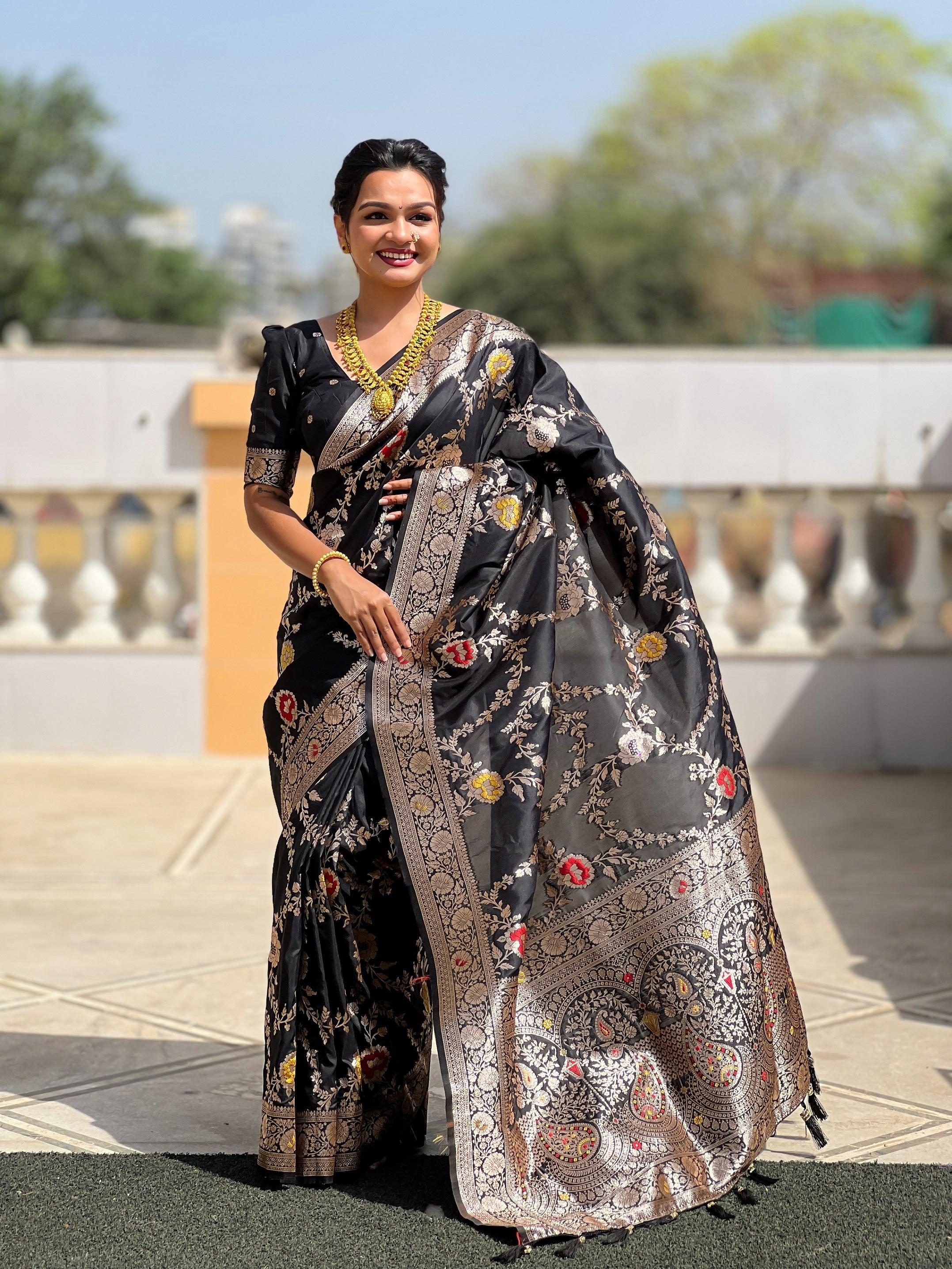 Vedant Vastram Soft Litchi Silk Banarasi Silk Jacquard Saree - Black