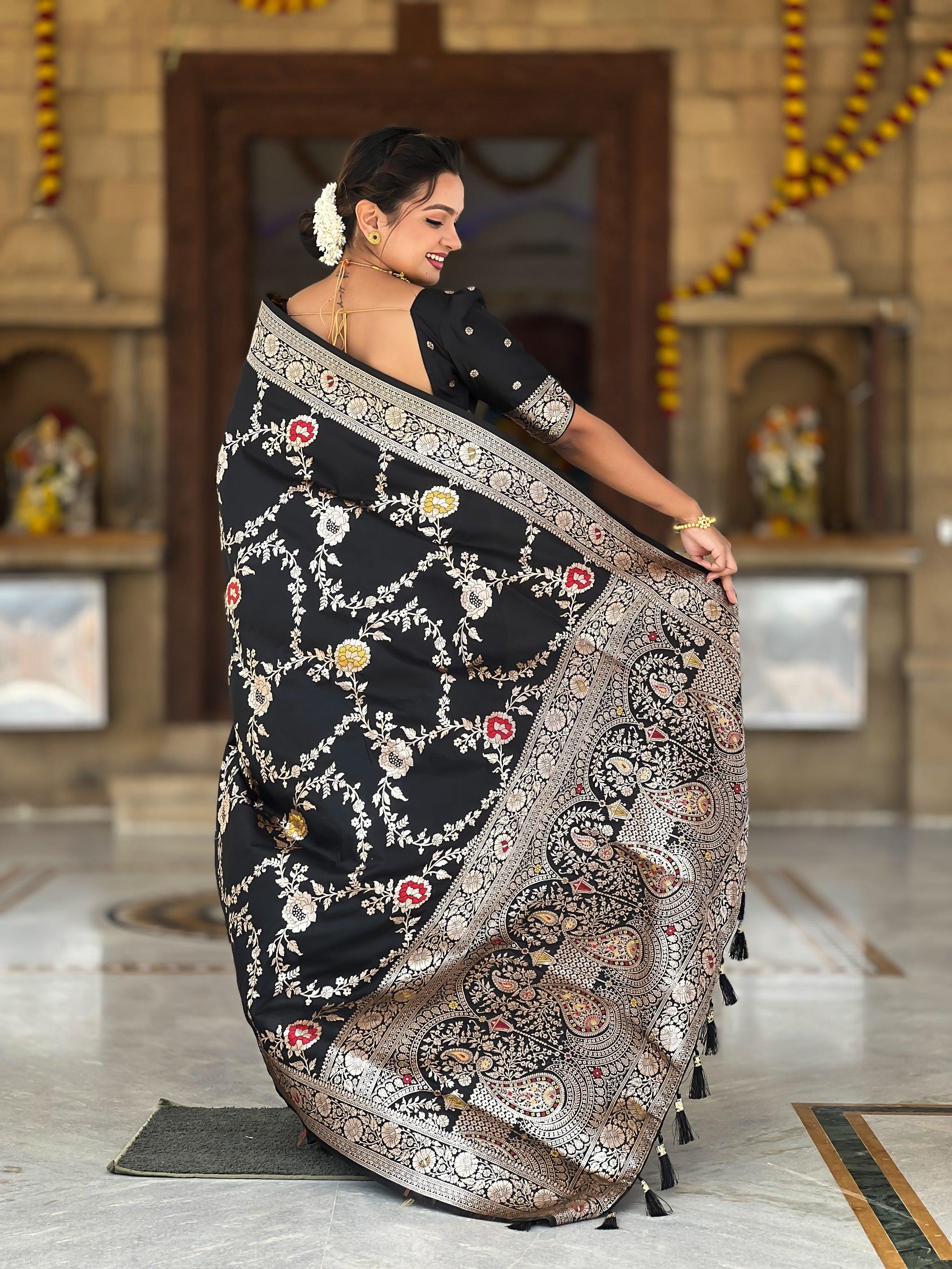 Vedant Vastram Soft Litchi Silk Banarasi Silk Jacquard Saree - Black