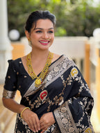 Vedant Vastram Soft Litchi Silk Banarasi Silk Jacquard Saree - Black
