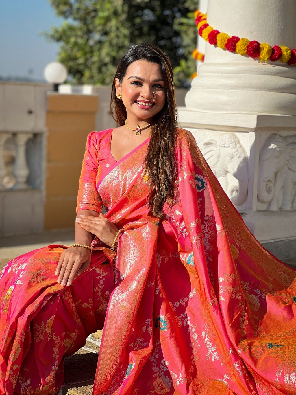 Vedant Vastram Soft Litchi Silk Banarasi Silk Jacquard Saree - Gajri