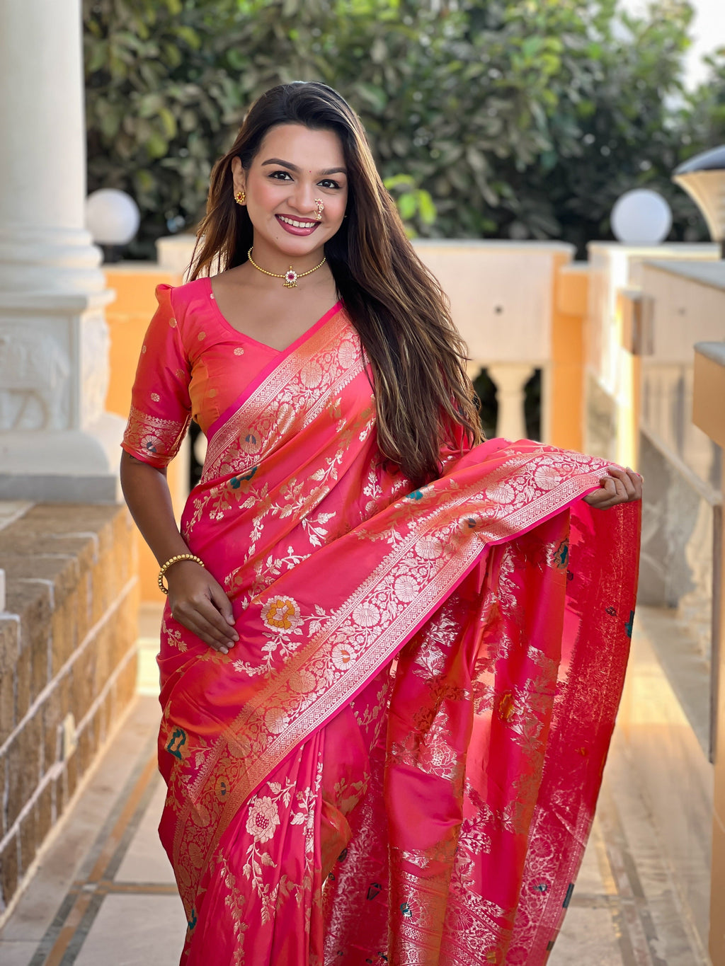 Vedant Vastram Soft Litchi Silk Banarasi Silk Jacquard Saree - Gajri