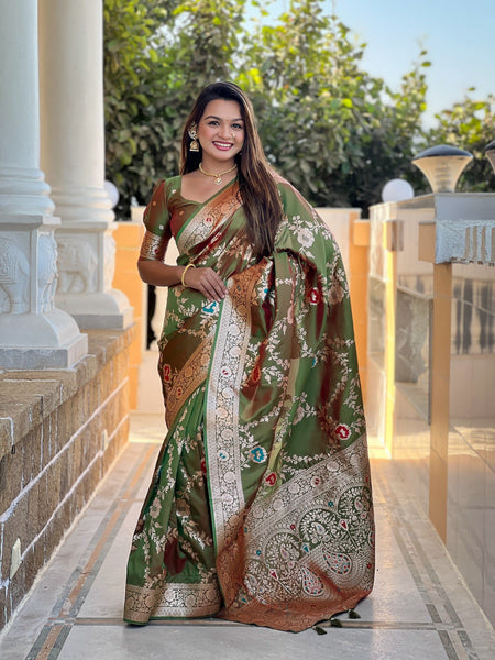 Vedant Vastram Soft Litchi Silk Banarasi Silk Jacquard Saree - Mahendi