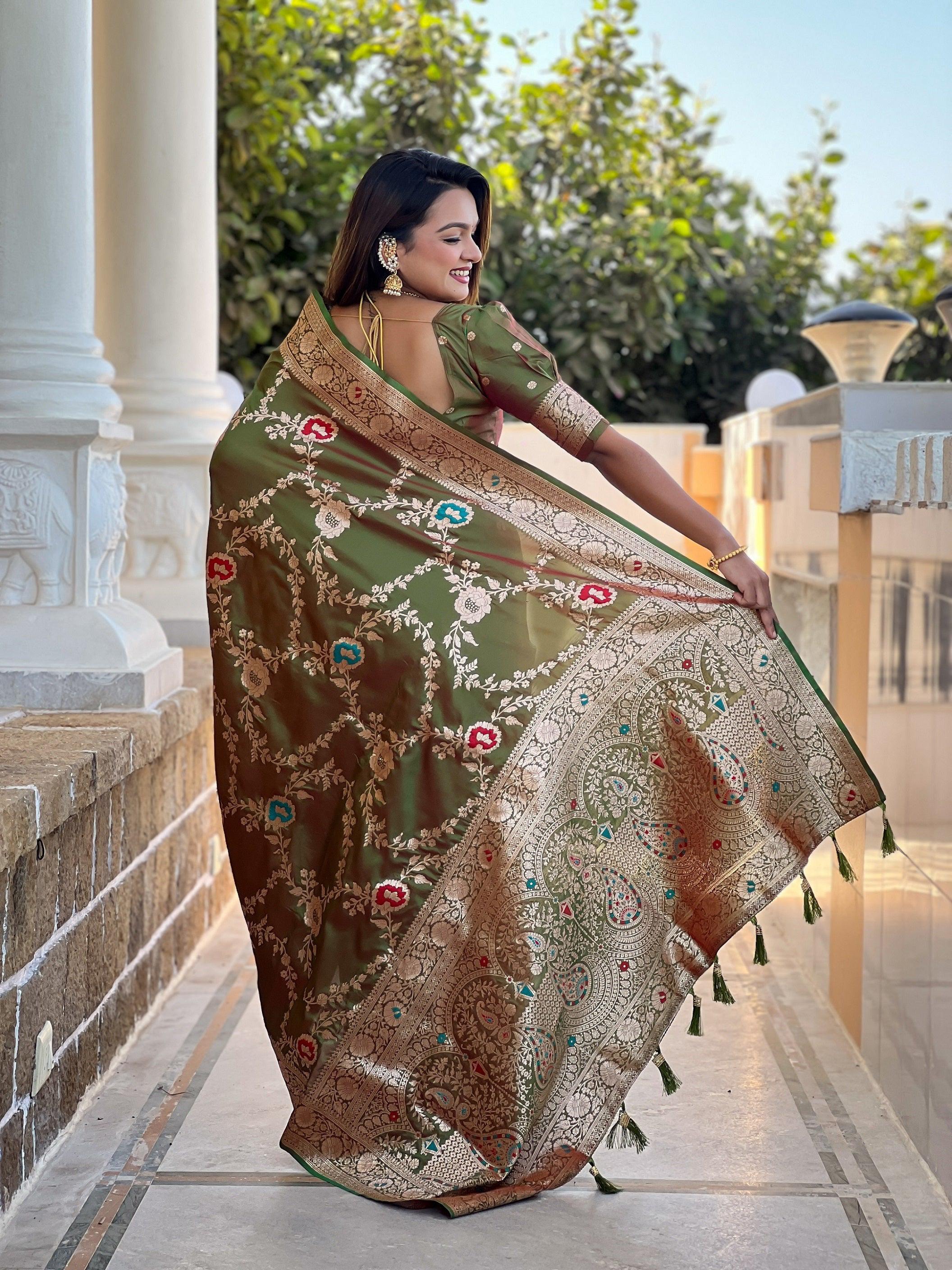 Vedant Vastram Soft Litchi Silk Banarasi Silk Jacquard Saree - Mahendi
