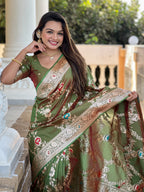 Vedant Vastram Soft Litchi Silk Banarasi Silk Jacquard Saree - Mahendi