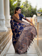 Vedant Vastram Soft Litchi Silk Banarasi Silk Jacquard Saree - Navy Blue