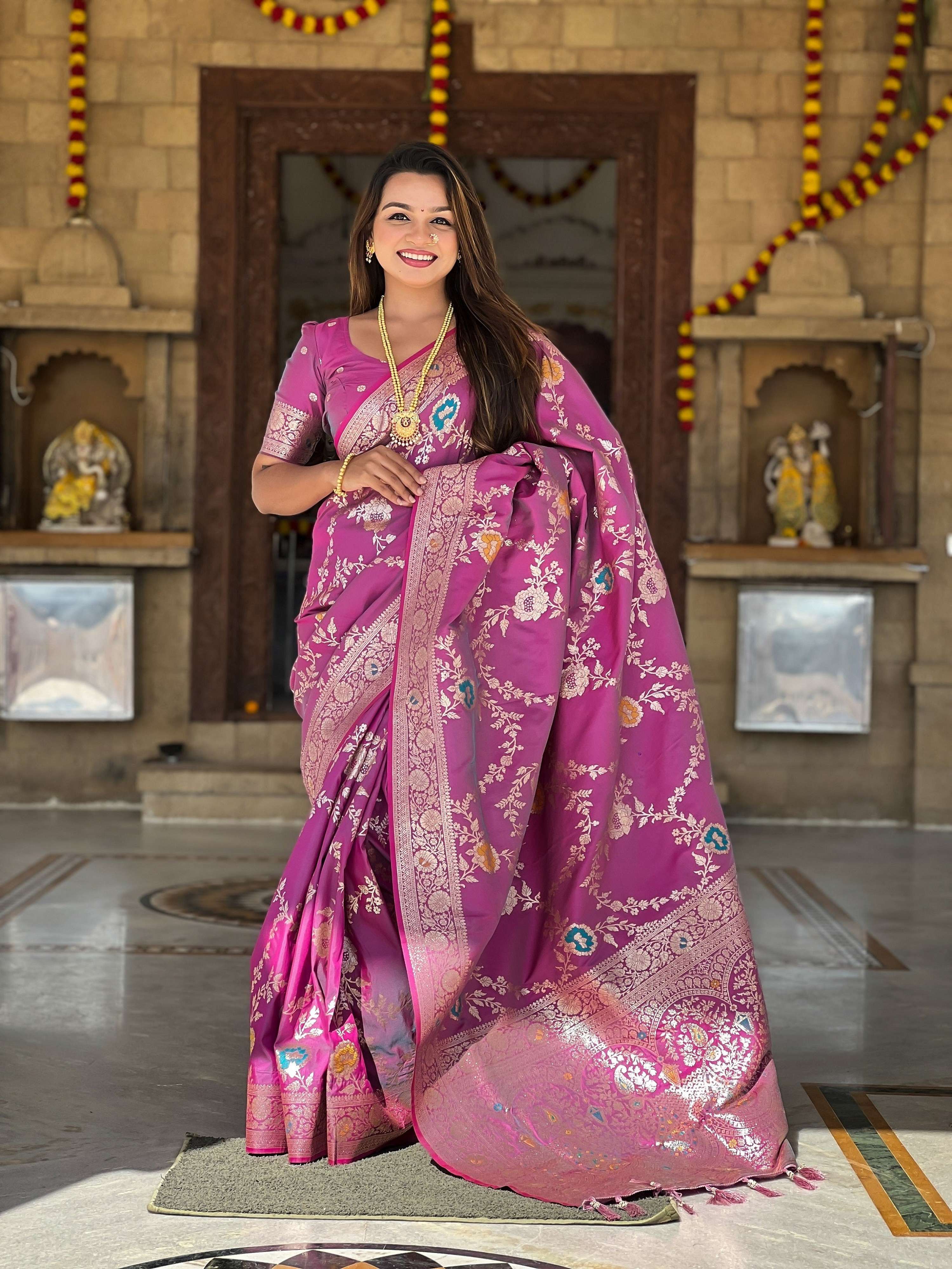 Vedant Vastram Soft Litchi Silk Banarasi Silk Jacquard Saree - Purple