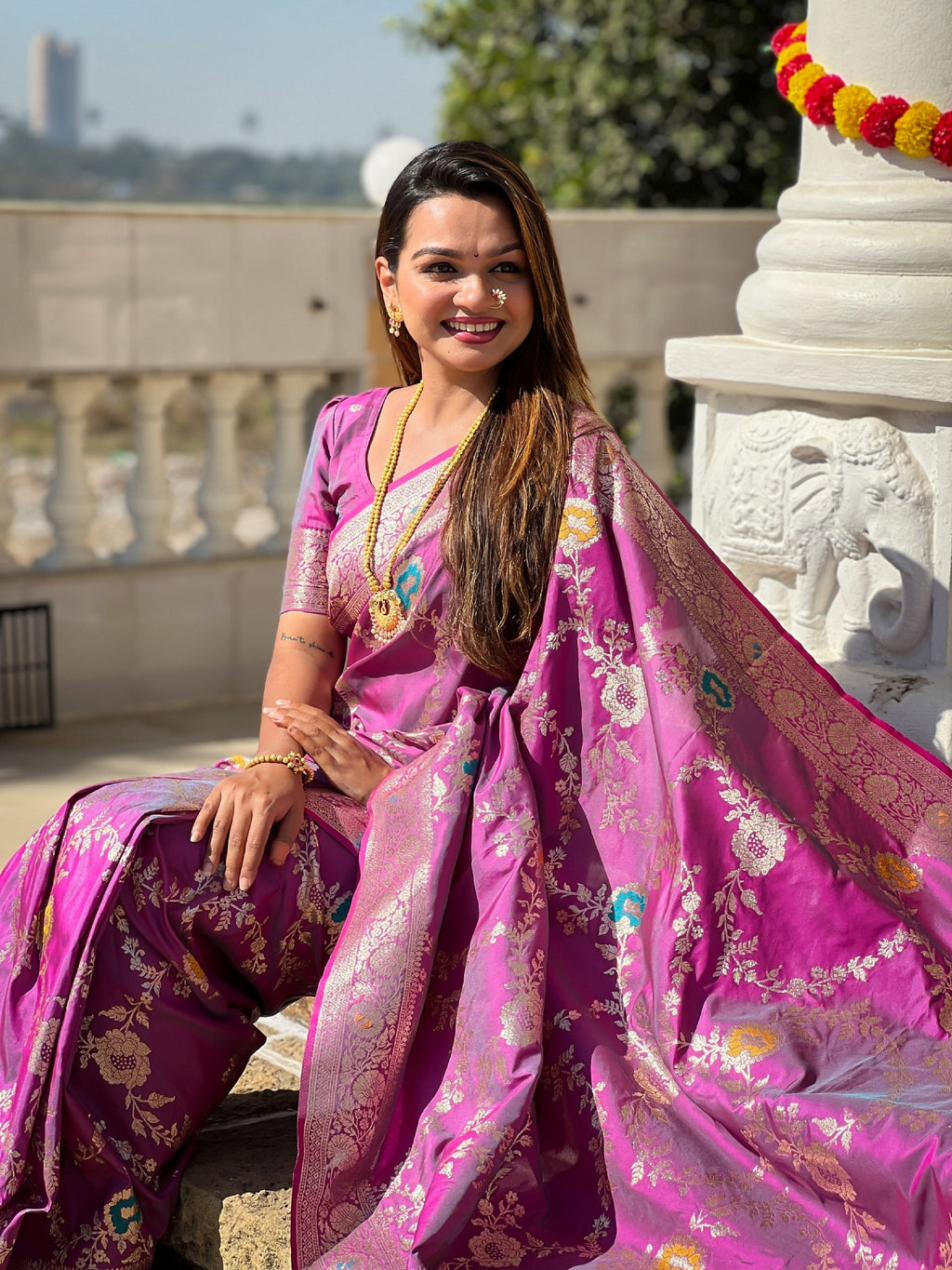 Vedant Vastram Soft Litchi Silk Banarasi Silk Jacquard Saree - Purple