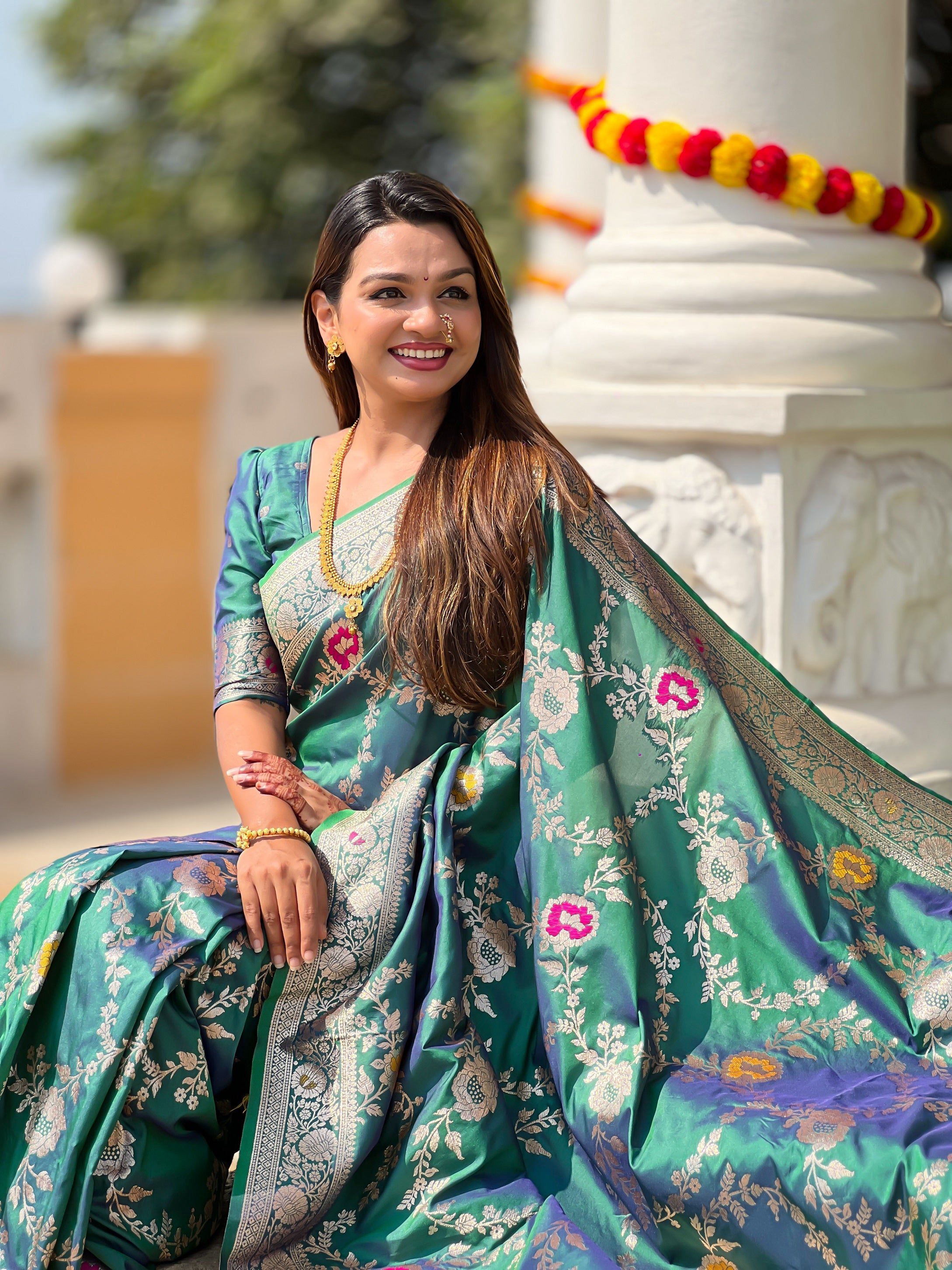 Vedant Vastram Soft Litchi Silk Banarasi Silk Jacquard Saree - Rama