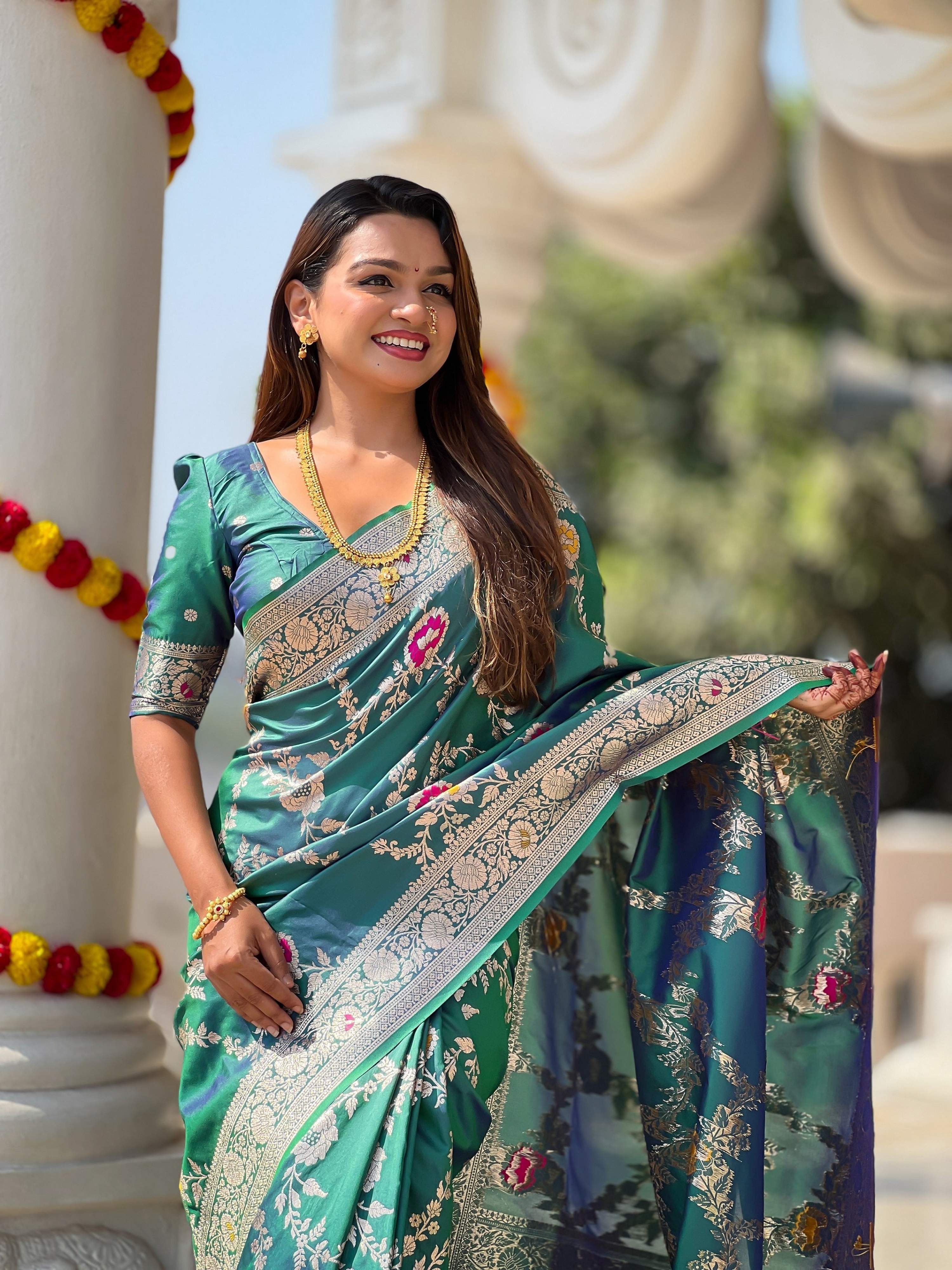 Vedant Vastram Soft Litchi Silk Banarasi Silk Jacquard Saree - Rama