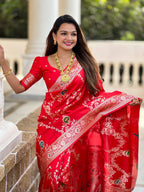 Vedant Vastram Soft Litchi Silk Banarasi Silk Jacquard Saree - Red