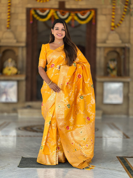Vedant Vastram Soft Litchi Silk Banarasi Silk Jacquard Saree - Yellow