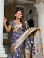 Vedant Vastram Soft Litchi Silk Banarasi Silk Jacquard Saree - Grey